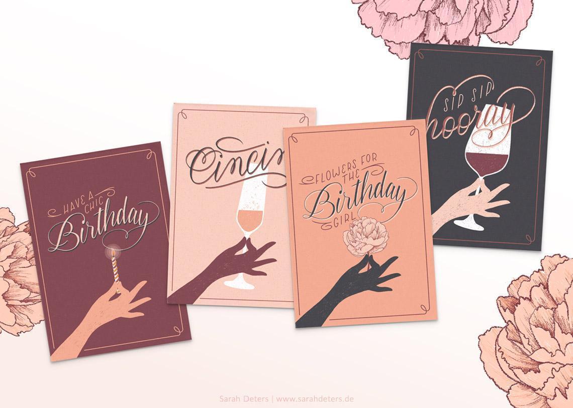 Feminine Grußkarten-Kollektion Chic Birthday mit Illustrationen und Hand-Lettering