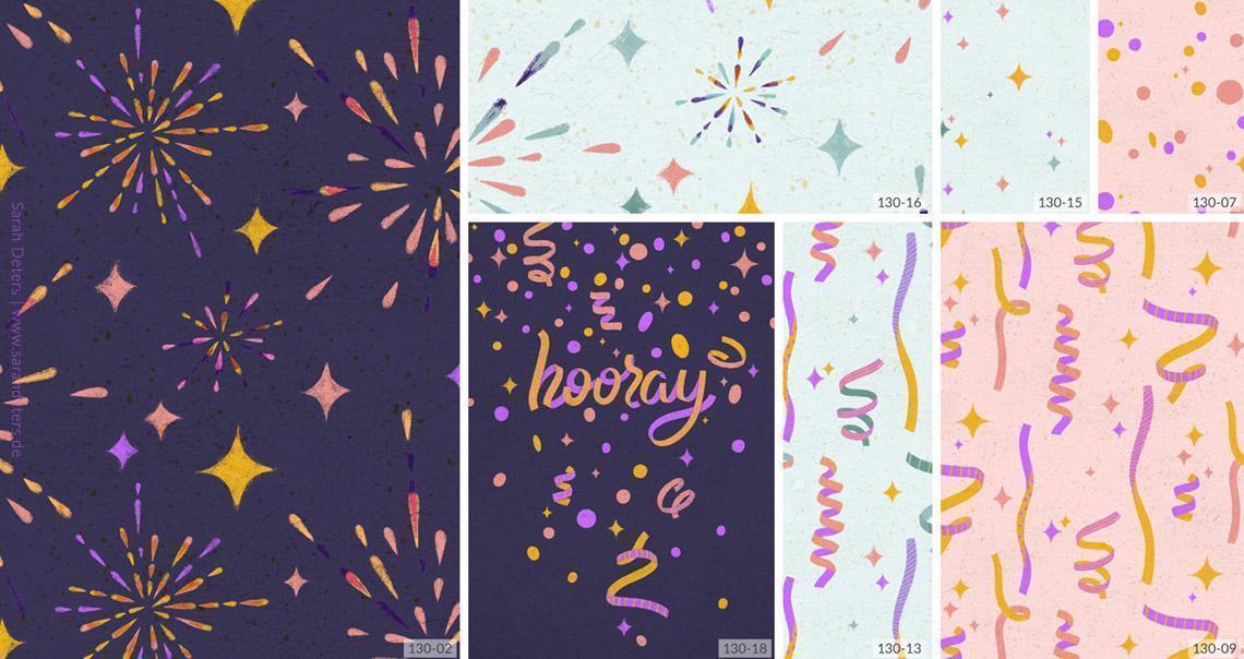 Fröhliche Musterkollektion mit passender Grußkarte "hooray". Handgezeichnetes Feuerwerk, Konfetti und Luftschlangen sind Hauptelemente dieses Sets.