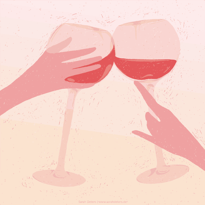 Animierte Illustration mit zwei prostenden Weingläsern in warmen Farbtönen.